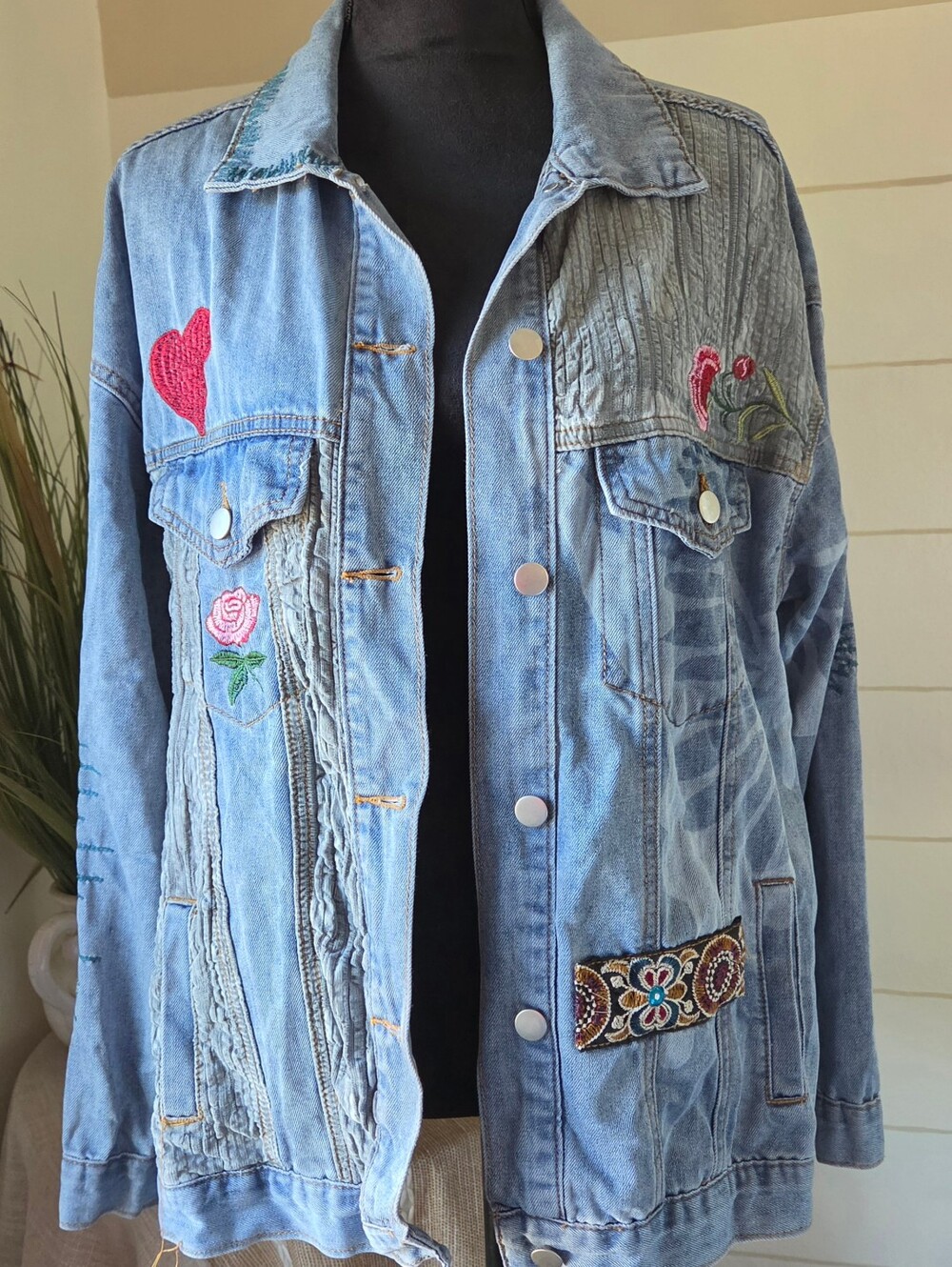 POL M Denim Jacket Patchwork Bleached Embroidered Western Streetwear Boho Chic